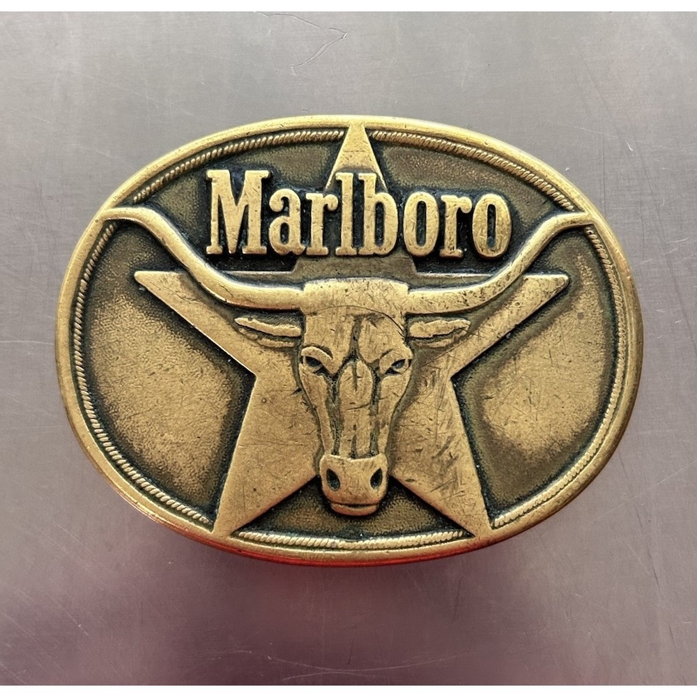 Vintage Brass Marlboro 1980s 1987 Buttrocker Cowboy Western Longhorn Belt Buckle - Picture 1 of 5